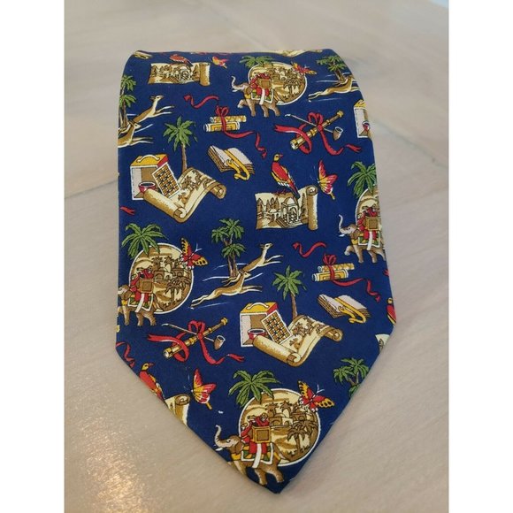 SALVATORE FERRAGAMO Blue Explorer Animal Map Indian Print Tie ITALY 100% SILK